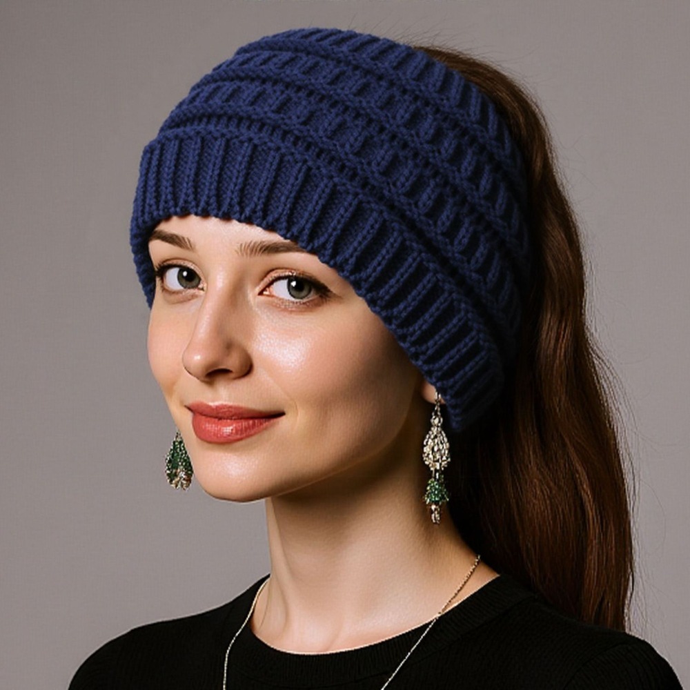 Knit Beanie Hat Warm - Ciepła, jednolita czapka beanie z otworem