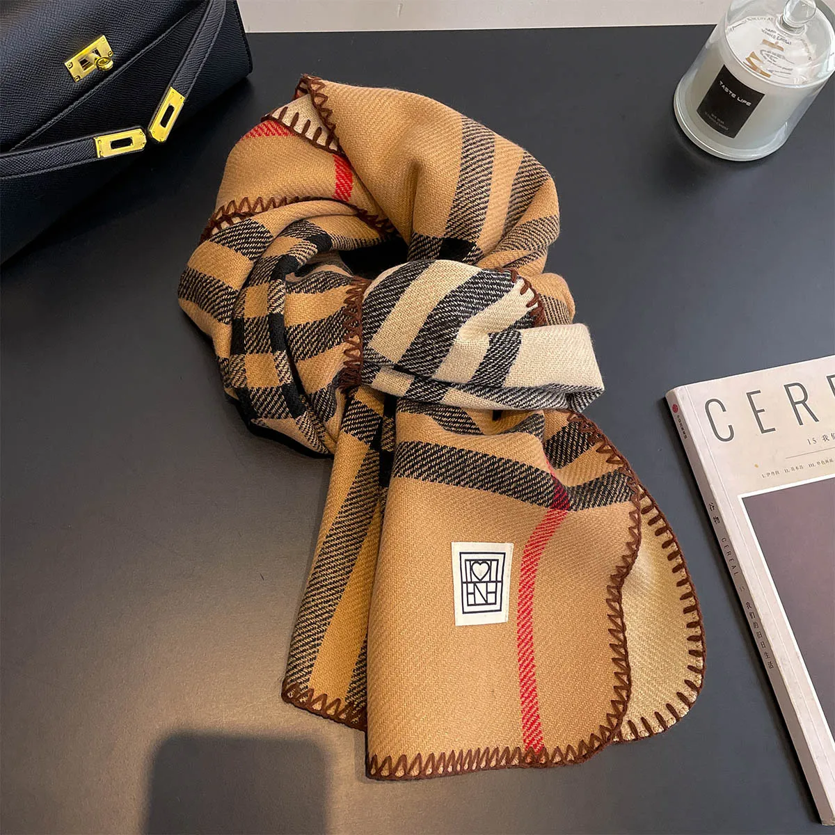 Cashmere Pashmina Wrap - Dwustronny luksusowy nadruk w kratę zimowy
