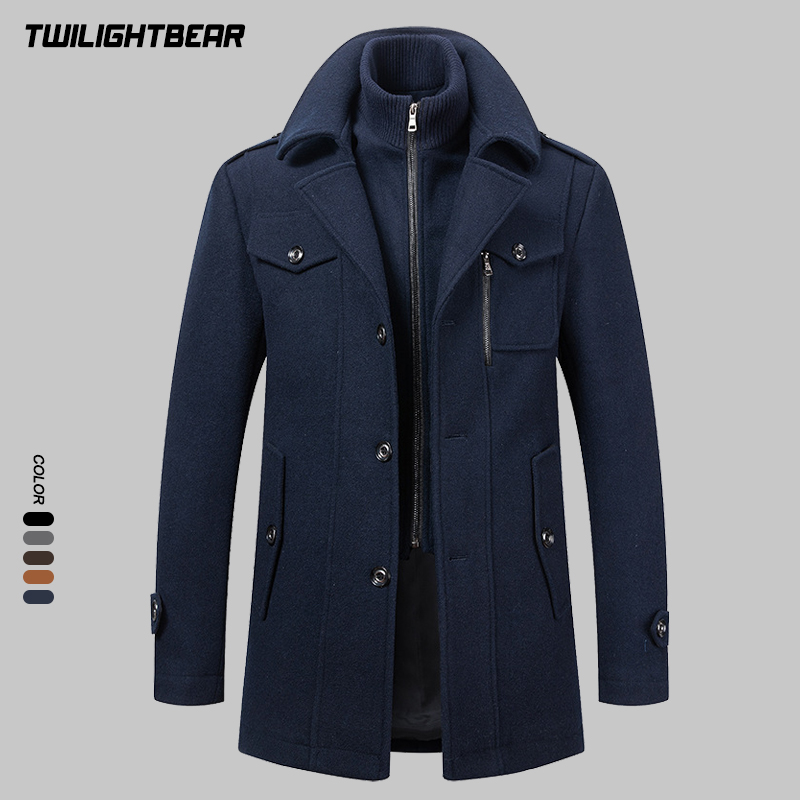 Wool Coat Peacoat - Męski zimowy płaszcz wełniany oversize, jednolity,